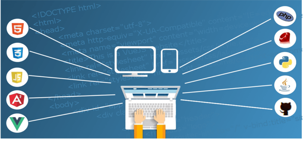 Symbols of SEO points to consider when developing a website surrounding a person working on a laptop. 