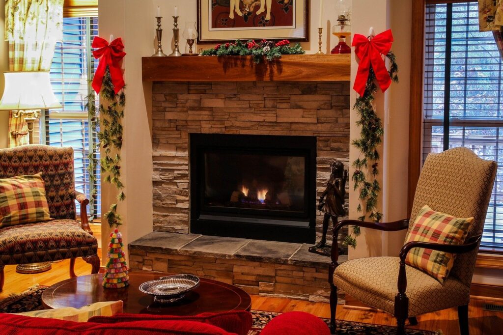 fireplace in the living room with Christmas decoration